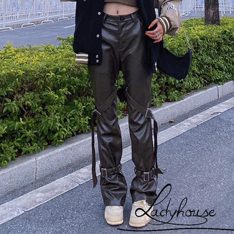 Quần Da Dài Lưng Cao Ống Đứng Màu Trơn Thời Trang Xuân Thu Cho Nữ