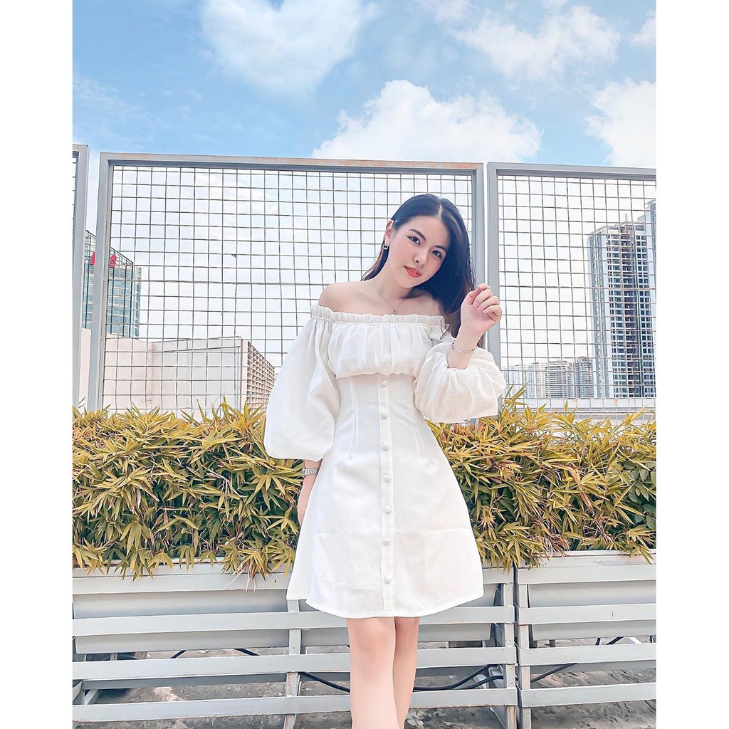 Đầm dạo phố bánh bèo trễ vai phối nút - Susan dress