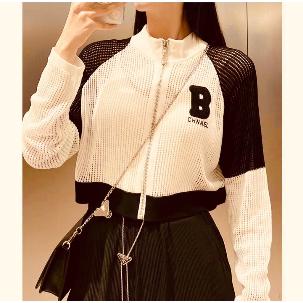 Áo Cadigan Nữ MET Khoác Len Mỏng lưới Croptop Dệt Kim Tay Dài Kiểu Cổ Đứng Hàn Quốc Form Rộng Màu Trắng Đen.