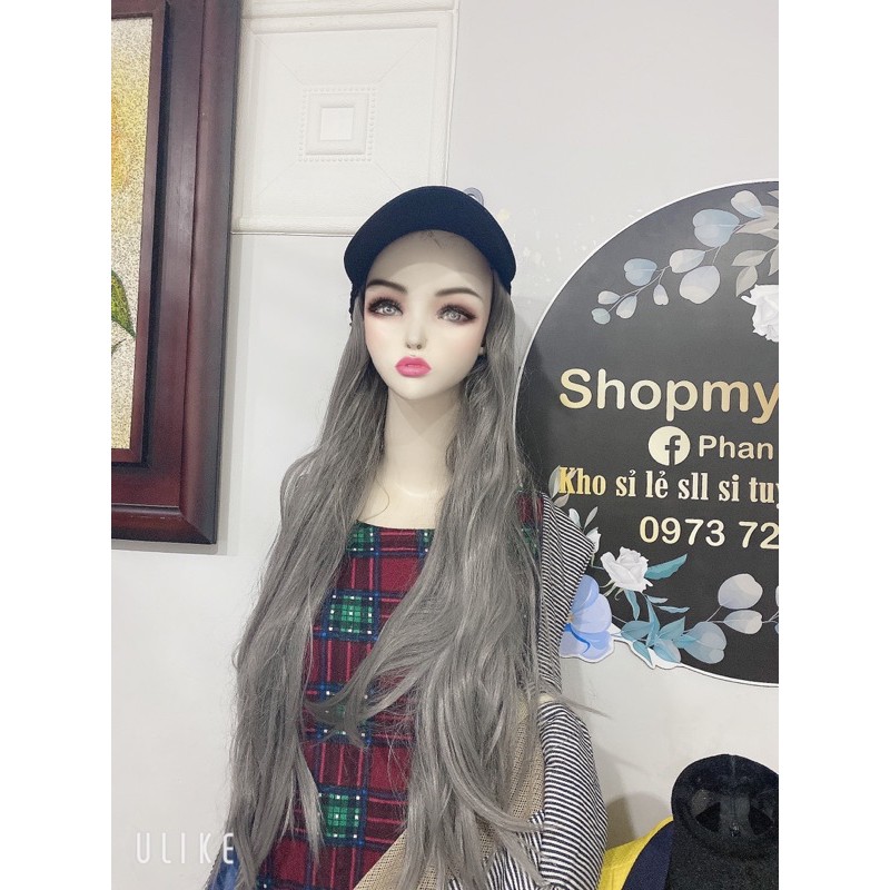 tóc giả gắn mũ kết đen xoăn dài