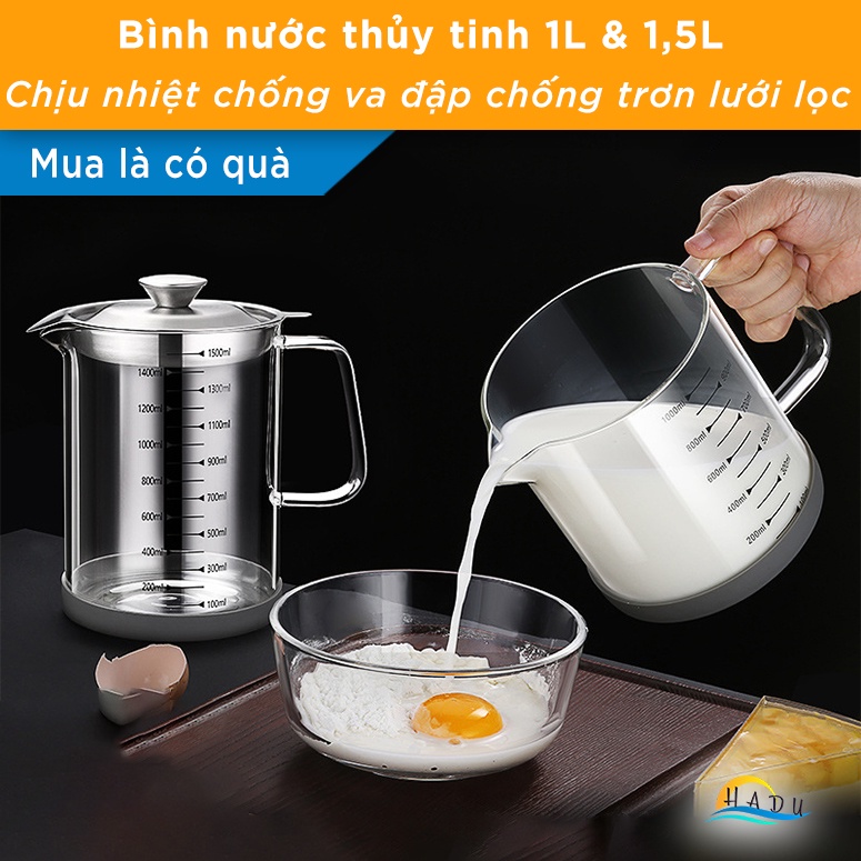 Bình nước thủy tinh chịu nhiệt có vòi cao cấp cường lực chống va đập chống xước đáy silicone kèm rây lọc siêu mịn HADU