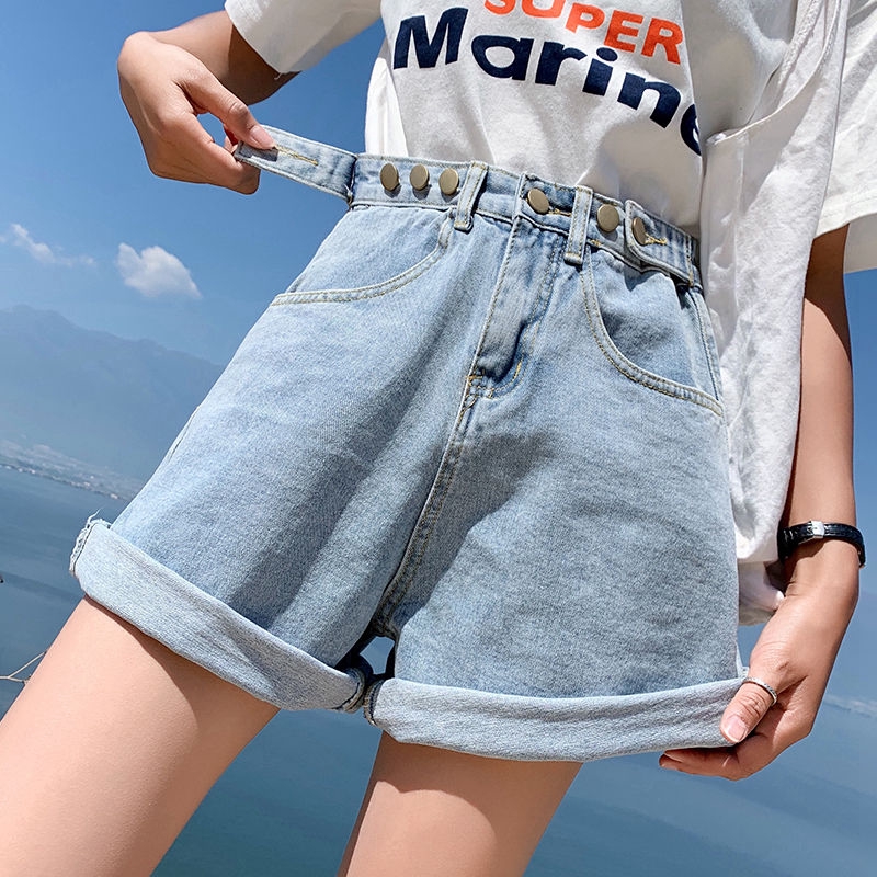 Woman With Ready Neck Short Pants Fashion Casual High Waistband Five Wide Denim Shorts