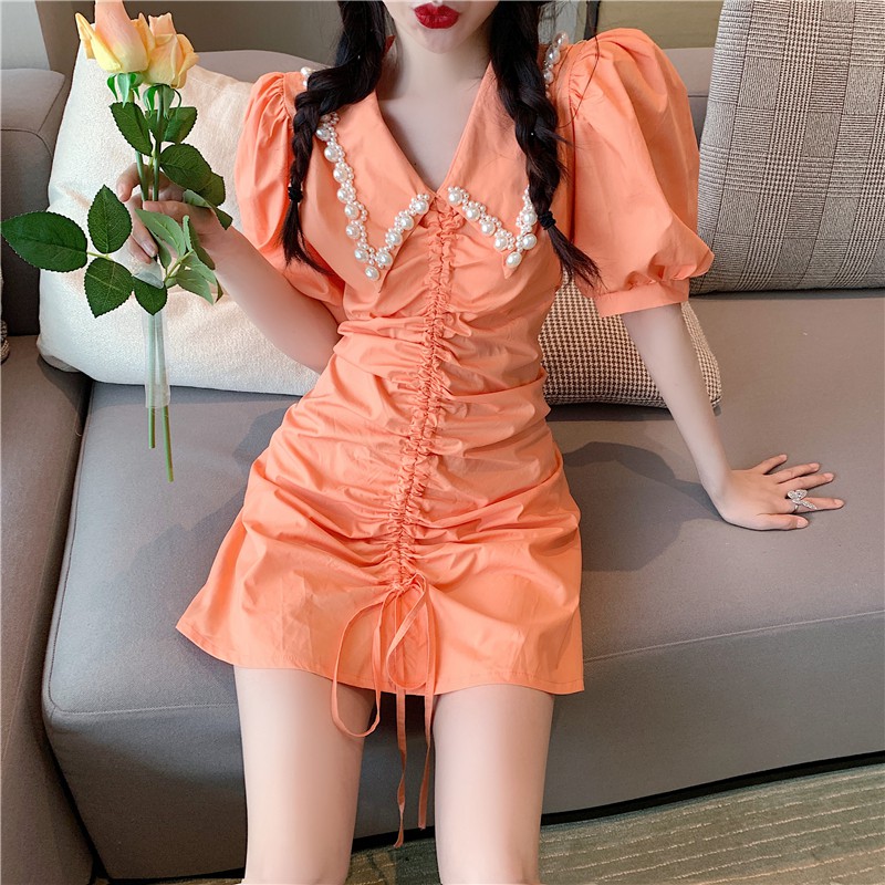 JANE Đầm nhún rút dây sơ mi cổ kết trân châu trắng sang trọng Z4 | BigBuy360 - bigbuy360.vn