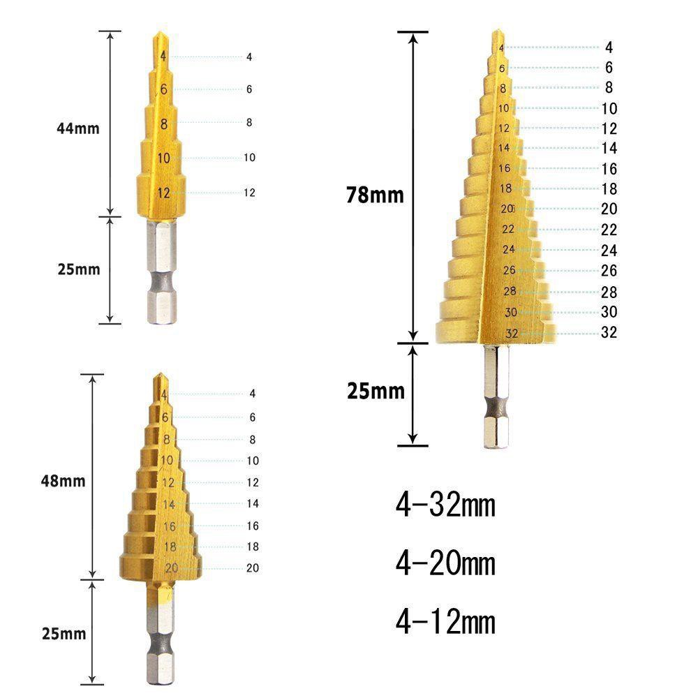 Bộ 3 Mũi Khoan Tháp Chuôi Lục Giác Thép Gió HSS Mạ Titan 4-32mm Khoan Nhôm, Nhựa, Gỗ VOTO