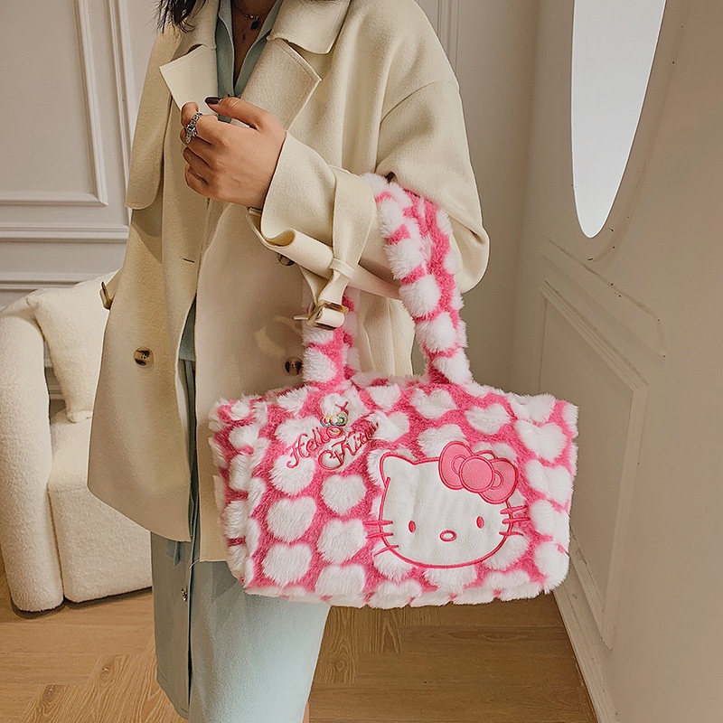 Túi đeo vai XIAODUOJIAJU hình mèo kitty phủ lông mềm cỡ lớn thời trang xinh xắn dành cho nữ