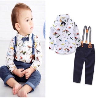 Sét quần yếm kèm áo sơ mi khủng long bé trai