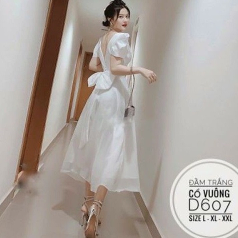 Đầm big size xòe cổ vuông nơ lưng kèm kẹp voan từ 60kg-90kg