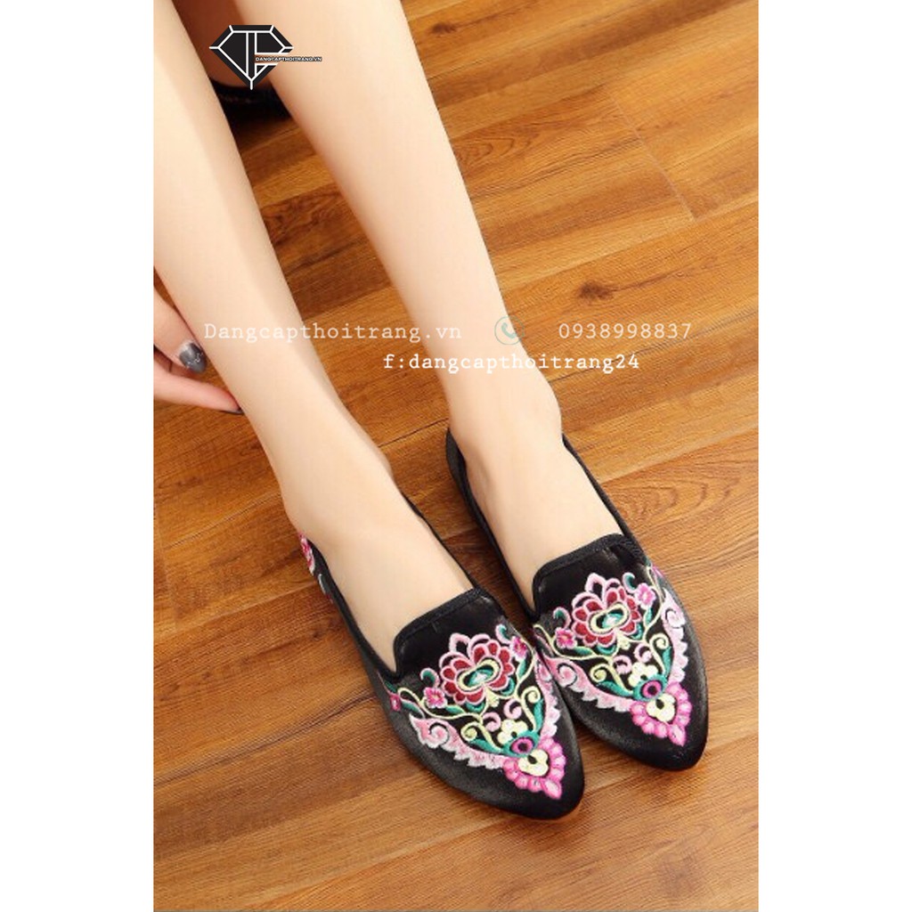 Giày Thêu Hoa Vải Nhung Đế 3Cm Size 37
