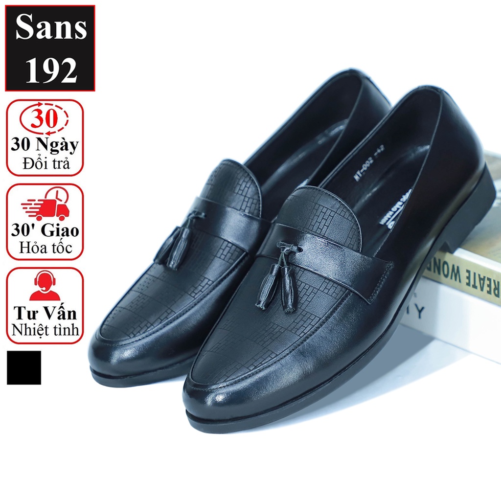 Giày lười nam da bò thật Sans192 giầy mọi có chuông moca cao cấp đen đẹp penny loafer hoạ tiết công sở hàn quốc