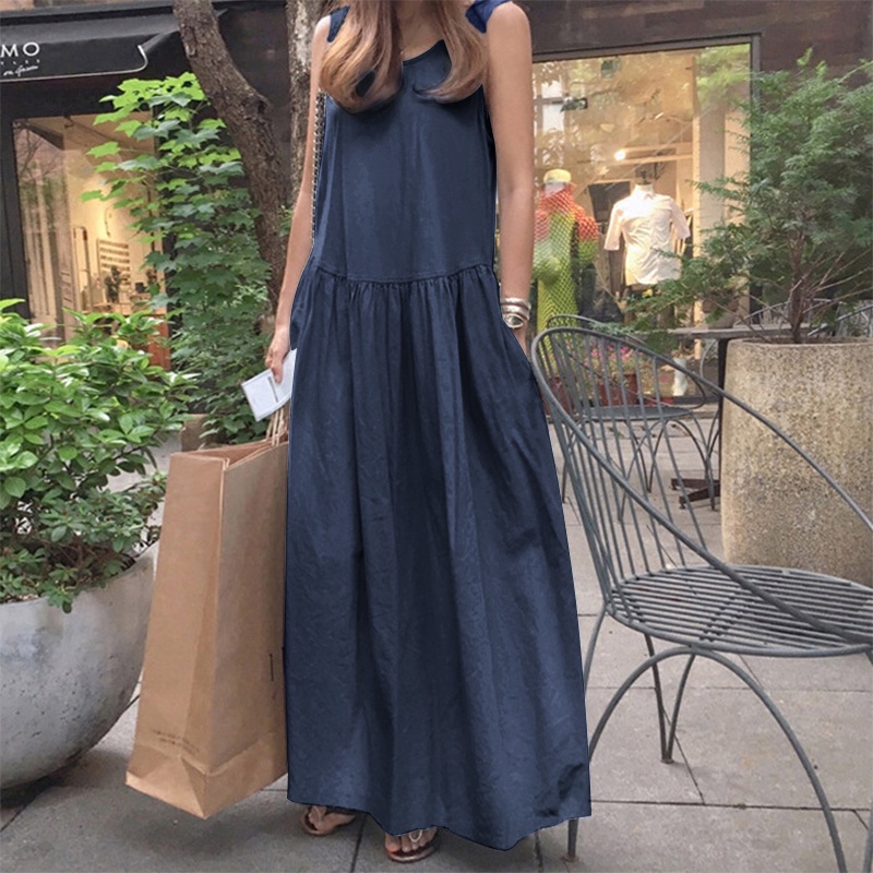 Đầm Maxi Xòe ZANZEA Màu Xanh Dương Denim Có Túi Bên Hông Không Tay Thời Trang Thường Ngày Cho Nữ