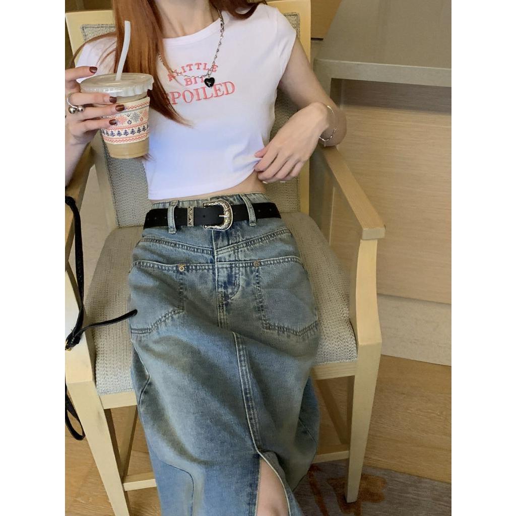 Chân váy jean Lưng Cao Xẻ Tà Thời Trang retro Cho Nữ