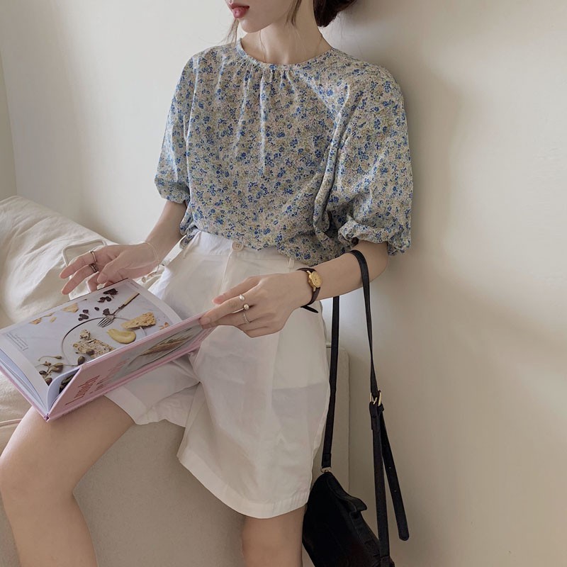Áo sơ mi hoa cổ tròn ngắn tay form rộng phong cách vintage Hàn Quốc ulzzang