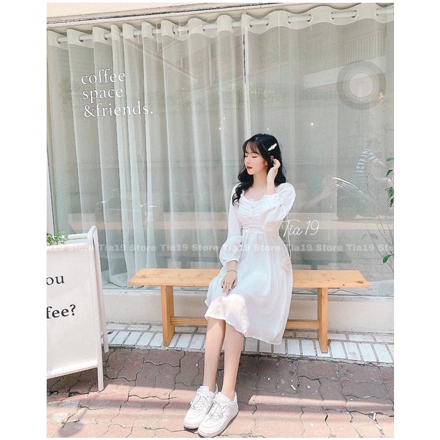 Váy trắng rúm ngực khuy dài tay. Đầm trắng tiểu thư ulzzang Tia19 SP000006 ( Ảnh thật)