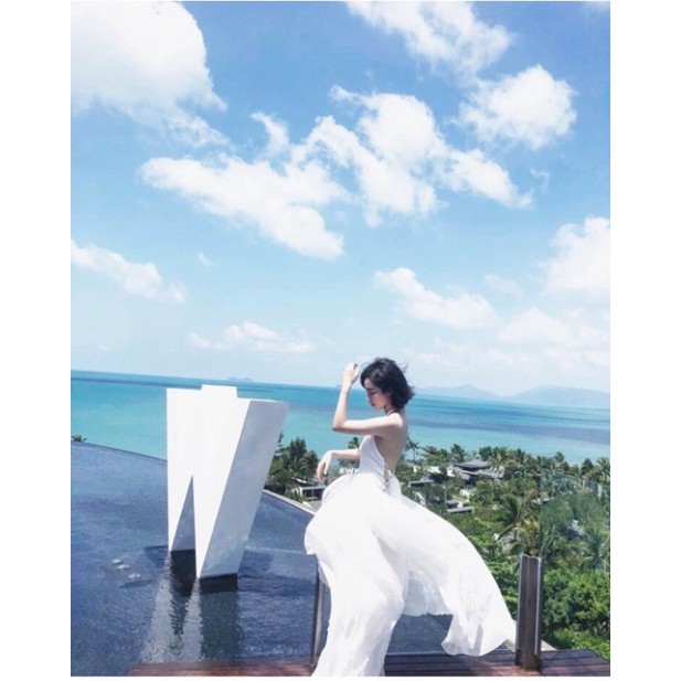 Đầm trắng thiết kế xoè tầng cô dâu tiệc prom dạ hội, váy hai dây công chúa du lịch boho (hình