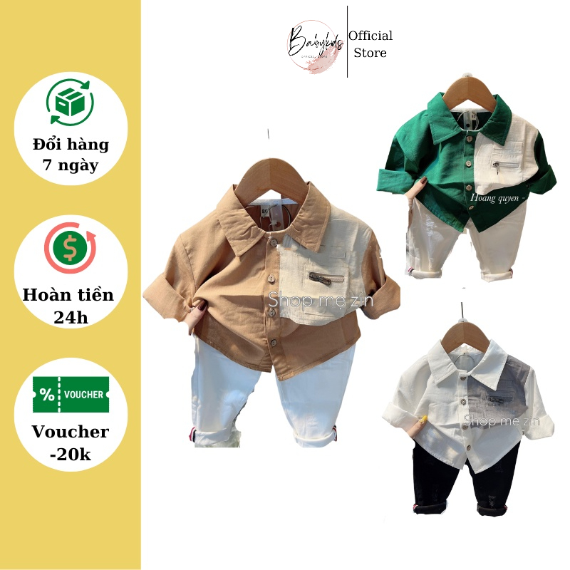 Bộ Sơ Mi Bé Trai Cao Cấp BABYKIDS BB28 (10-22kg), Set Áo Sơ Mi Cho Bé Trai Chất Kaki Co Dãn Có Khóa Thật Ở Túi Ngực