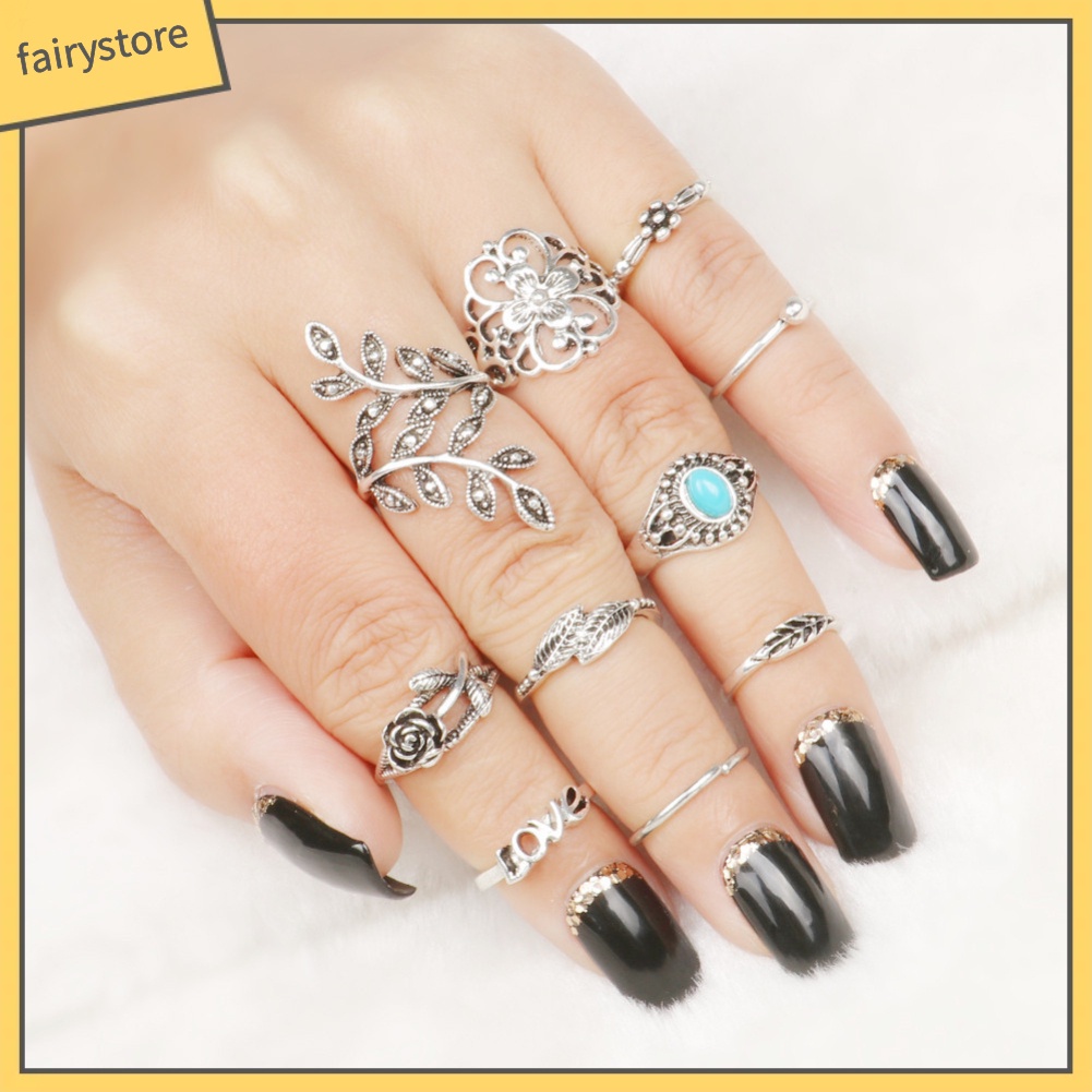 Bộ 10 Nhẫn Đeo Tay Phong Cách Retro Xinh Xắn