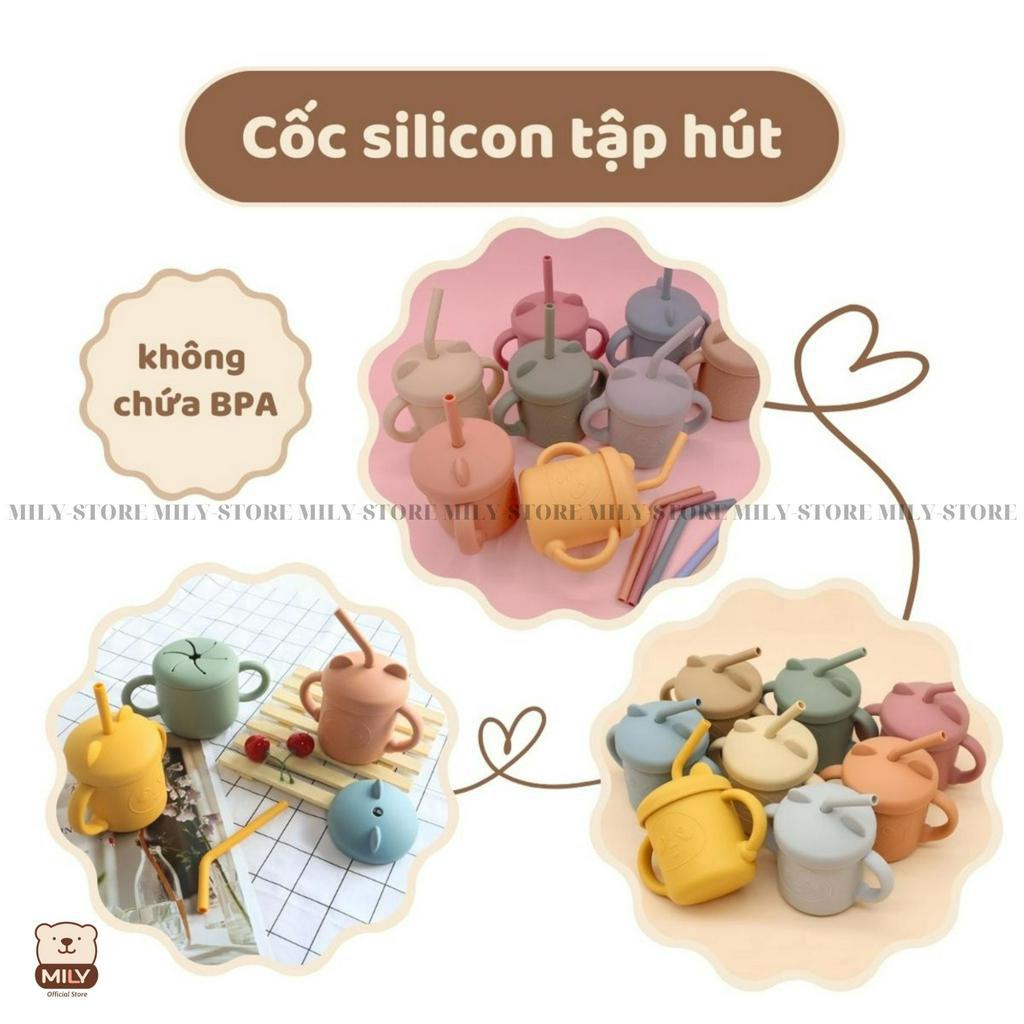 Cốc silicone tập hút, tập uống chính hãng Mily hình mặt gấu dung tích 180ml.