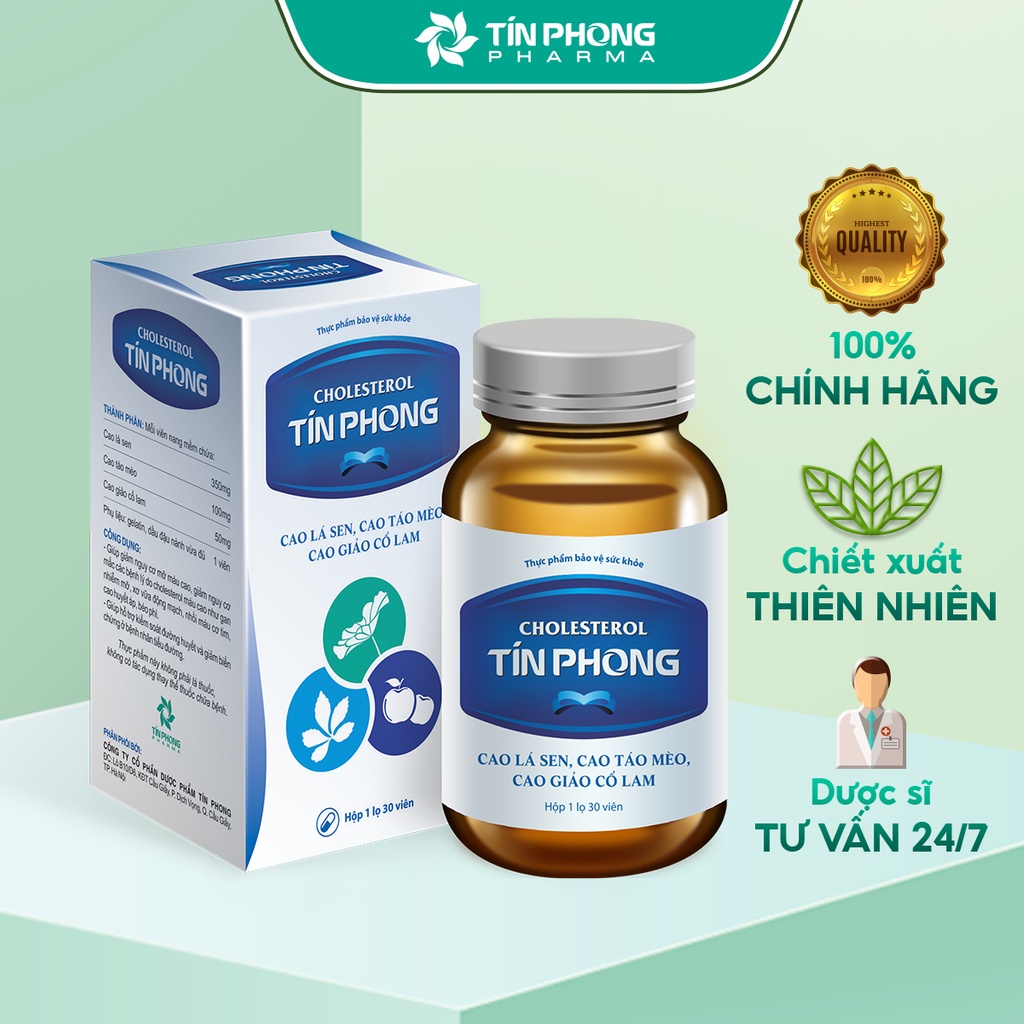 Viên Uống Hạ Cholesterol TÍN PHONG Giúp Giảm Mỡ Máu, Kiểm Soát Đường Huyết, Hạn Chế Béo Phì Lọ 30 Viên TTP010