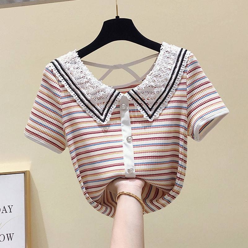 Black and white striped short-sleeved t-shirt women's lace doll collar slim slim cropped top