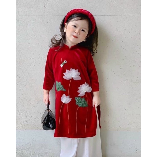 Áo dài bé gái hoạ tiết thêu hoa sen