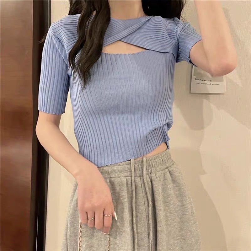 áo len dệt kim kiểu xoắn chéo giữa (8743#)