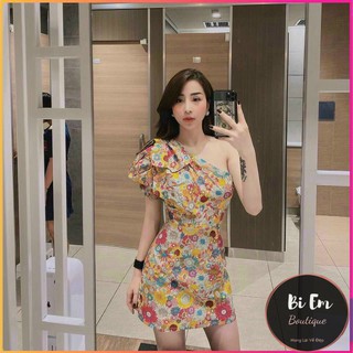 Váy Đầm Nữ Lệch Vai Tay Phồng Họa Tiết - Đầm Dự Tiệc - Đầm Đi Chơi