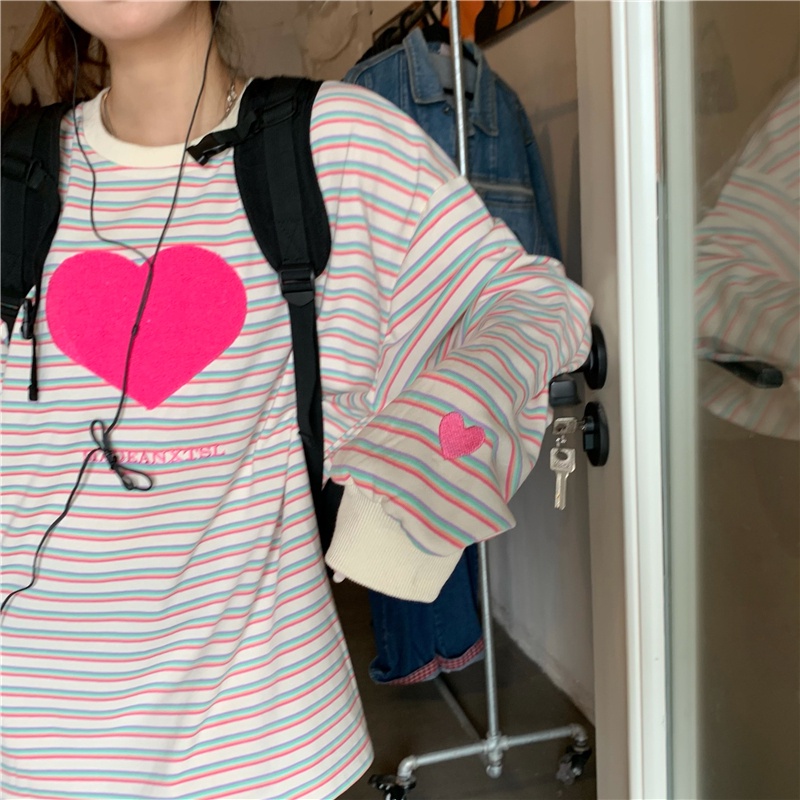 Áo Thun Tay Dài Cổ Tròn Kẻ Sọc Thêu Họa Tiết Thời Trang Hàn Quốc 2 Màu Tùy Chọn Cho Nữ | BigBuy360 - bigbuy360.vn