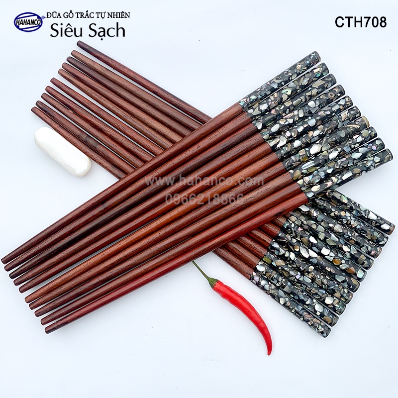 Đũa Gỗ Trắc Đầu Khảm Ốc Bào Ngư Úc HAHANCO (Hộp 10 Đôi) Chống Nấm Mốc - CTH708