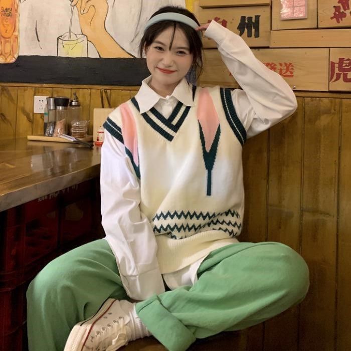 Áo len không tay cổ chữ V màu sắc tương phản phong cách Hàn Quốc