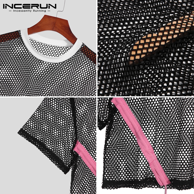 Áo INCERUN ngắn tay xuyên thấu màu đen phối dây rút thời trang cho nam