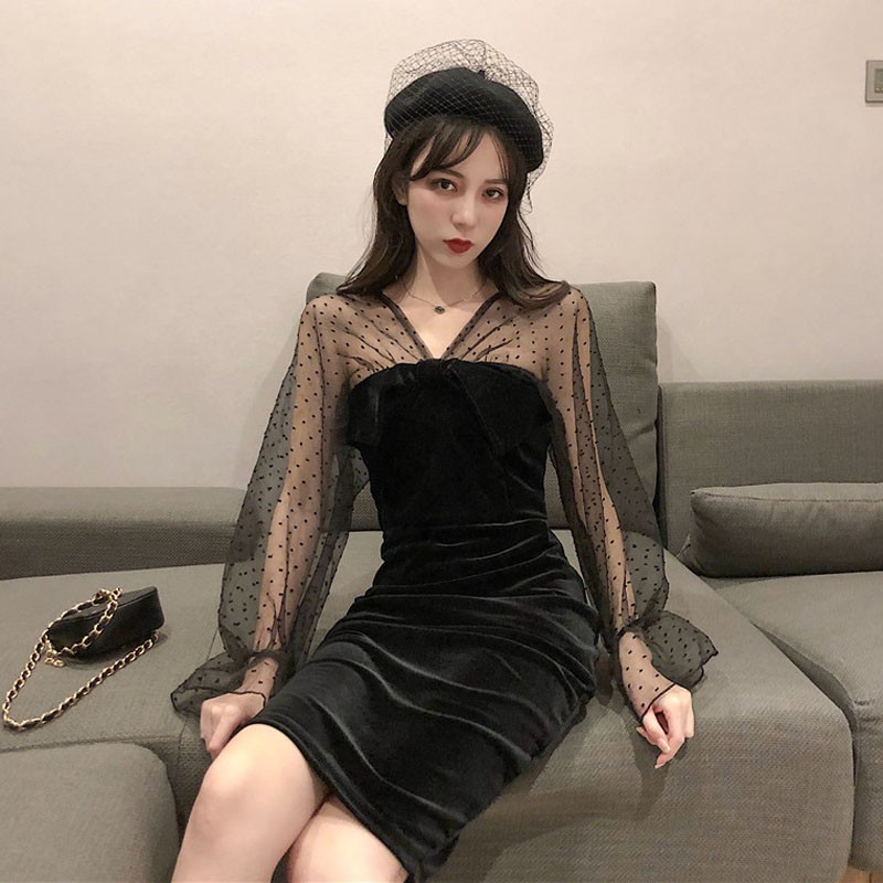 [Hàng order] Váy nhung body tay phối ren - T1161