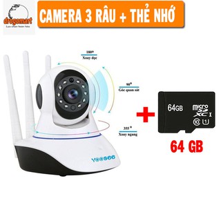 ( COMBO SIÊU RẺ ) Camera wifi 360 độ YOOSEE 3 ANGTEN Tặng Thẻ Nhớ 64GB