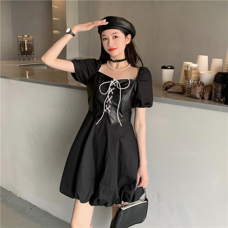 Short-sleeved square neck women's skirt with Hong Kong style seamless A-line skirt new summer women's clothing