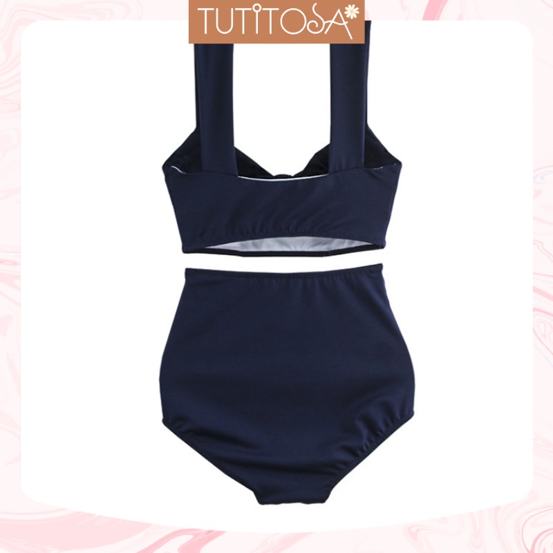 Bikini hai mảnh, Đồ tắm nâng ngực che bụng kín đáo màu xanh navy