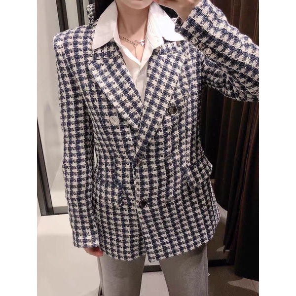ÁO KHOÁC DẠ TWEED KẺ XANH ZARA TUỒN FORM CỰC ĐẸP