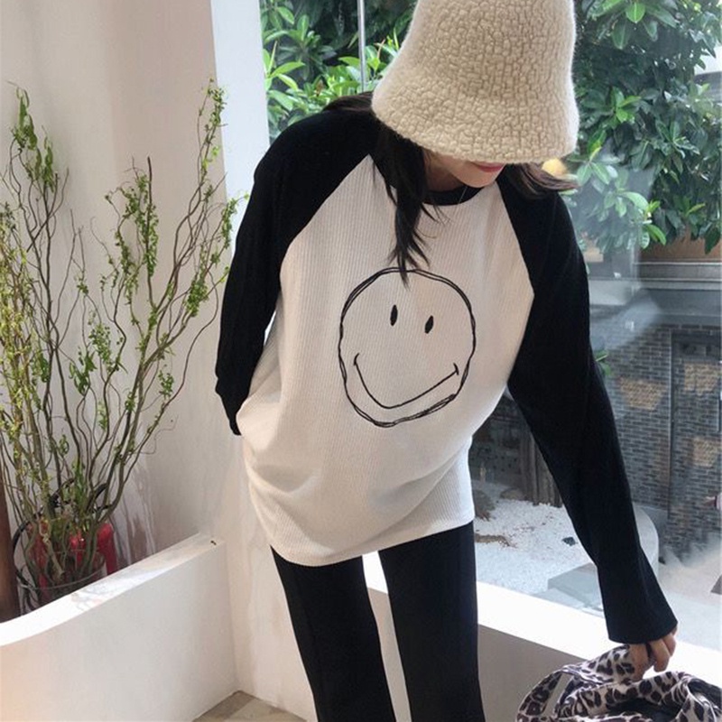 ZHELIHANGFEI Áo Len Tay Dài Dáng Rộng Họa Tiết Mặt Cười Dễ Phối Đồ