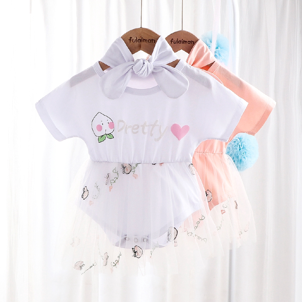 Bộ Áo Liền Quần Tulle Công Chúa Phong Cách Hàn Quốc Kèm Băng Đô Dành Cho Bé Gái Sơ Sinh