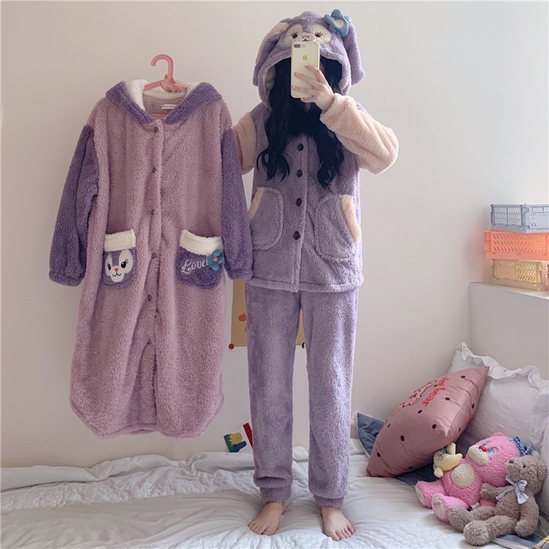 Bộ ngủ thỏ tím lông cừu siêu ấm set rời/váy/liền quần
