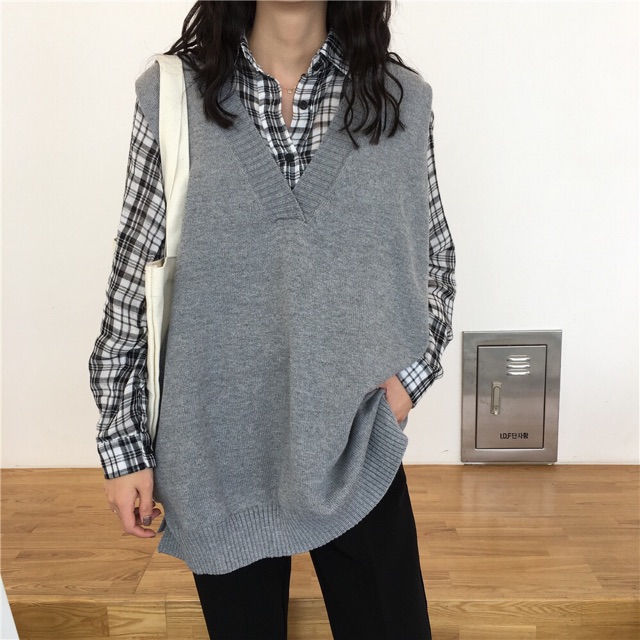 Áo gile len cổ chữ V unisex nam nữ oversize form rộng dáng dài