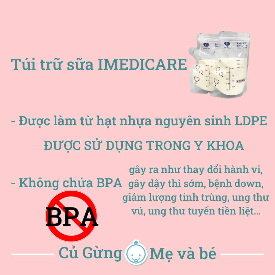 Túi trữ sữa IMEDICARE iMB-200, Túi trữ sữa mẹ, hộp 30 túi dung tích 200 ml