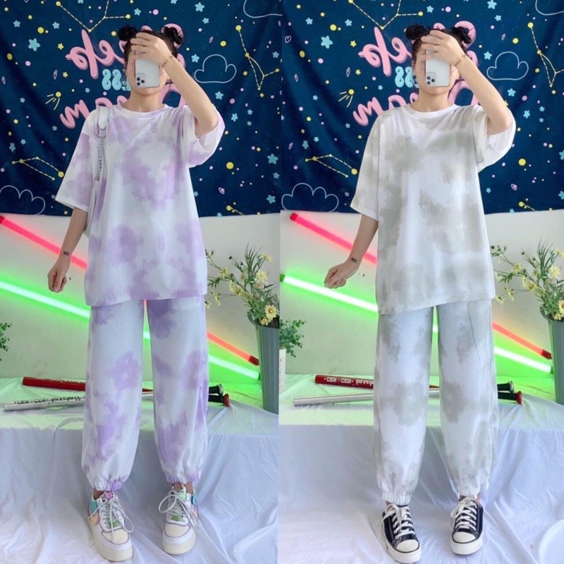 Bộ Thun Loang Màu Trơn Ảnh Thật(Quần Jogger-Thun Tay Lửng)