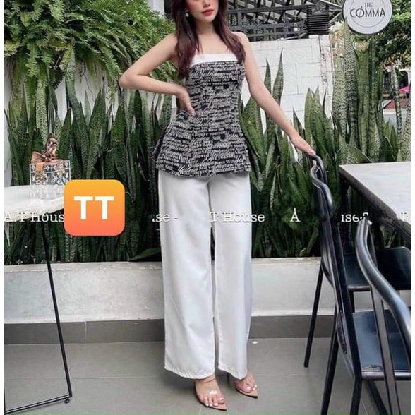Set bộ áo 2 dây nữ phối quần dài ống suông sang chảnh