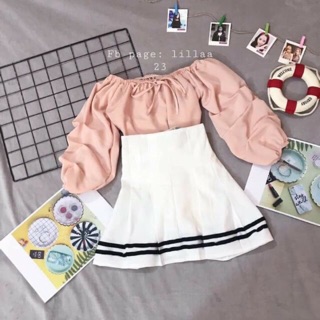 Set ulzzang áo bệt vai hồng tennis nhiệm màu