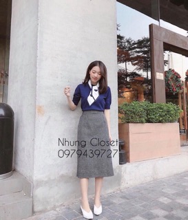 Set len cổ nơ áo xanh