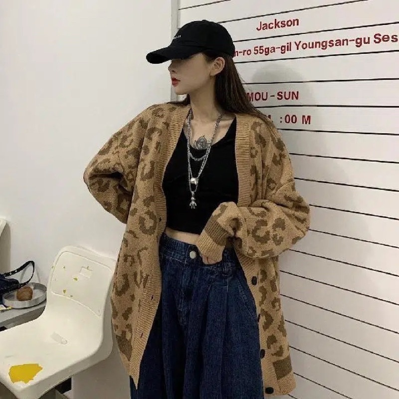 Áo Cadigan Khoác Nam Nữ Màu Nâu Hoạ Tiết Báo Nhỏ Cài Cúc, Áo Khoác Len Dài Tay Phom Rộng Unisex Loại 1