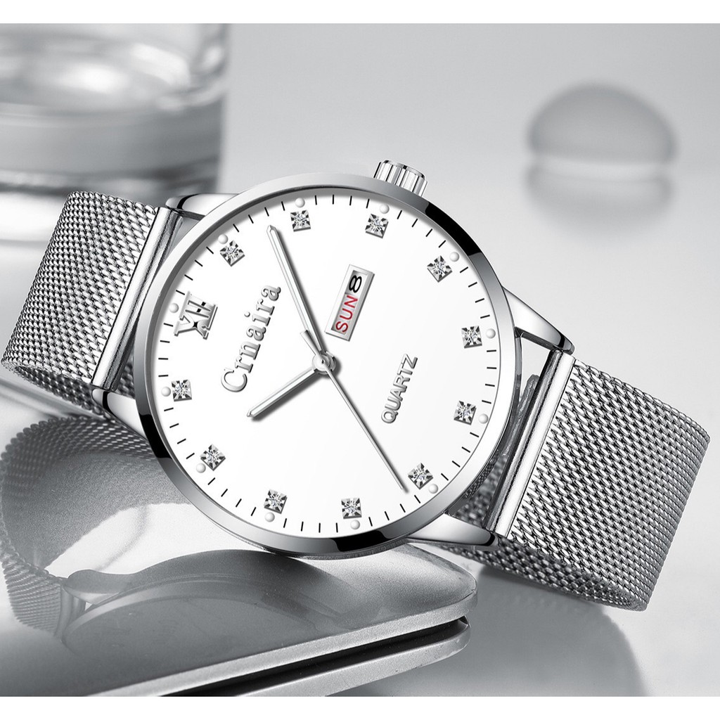 Đồng Hồ Nam Mặt Đính Đá CRNAIRA JAPAN 2 Lịch Chạy Dây Thép Lụa | BigBuy360 - bigbuy360.vn