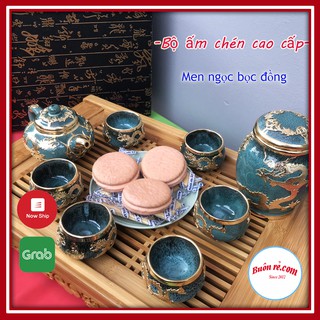 Bộ ấm chén xanh bọc đồng ngọc long tiên sinh kèm bình trạm khắc rồng cao cấp 01131 Buôn Rẻ