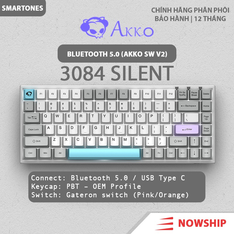 Bàn phím cơ Akko 3084 Silent – Bluetooth 5.0 – Led trắng