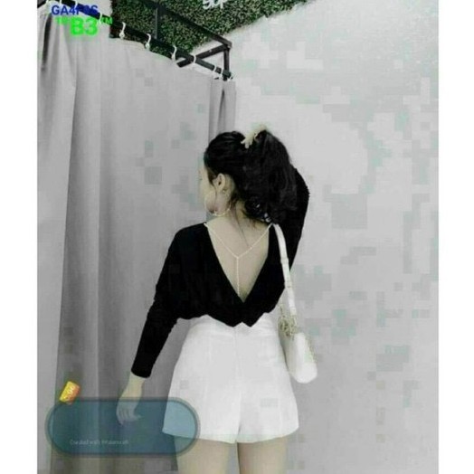 Áo thun tay dài kiểu phối dây ngọc lưng lạ