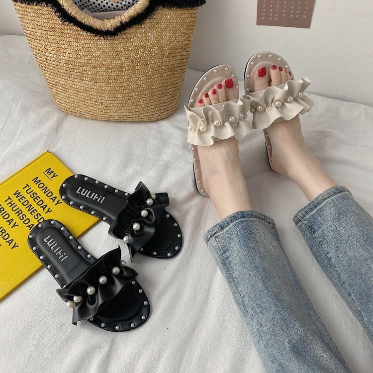 Fashionable Round Head Pearl Low Heel Flat Slippers for Women